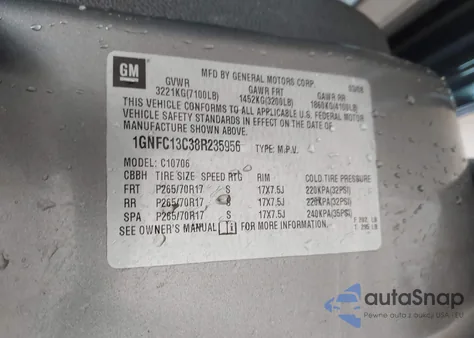 2008 Chevrolet Tahoe Ls z USA, uszkodzony, nr VIN 1GNFC13C38R235956